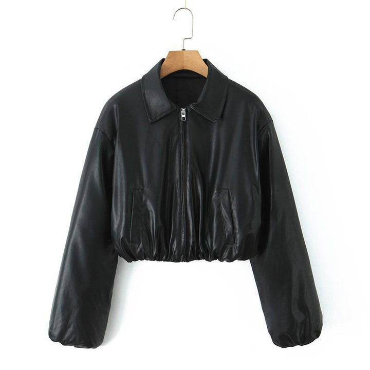 Damen cropped Kunstlederjacke mit praktischen Taschen und Gummibund Drune
