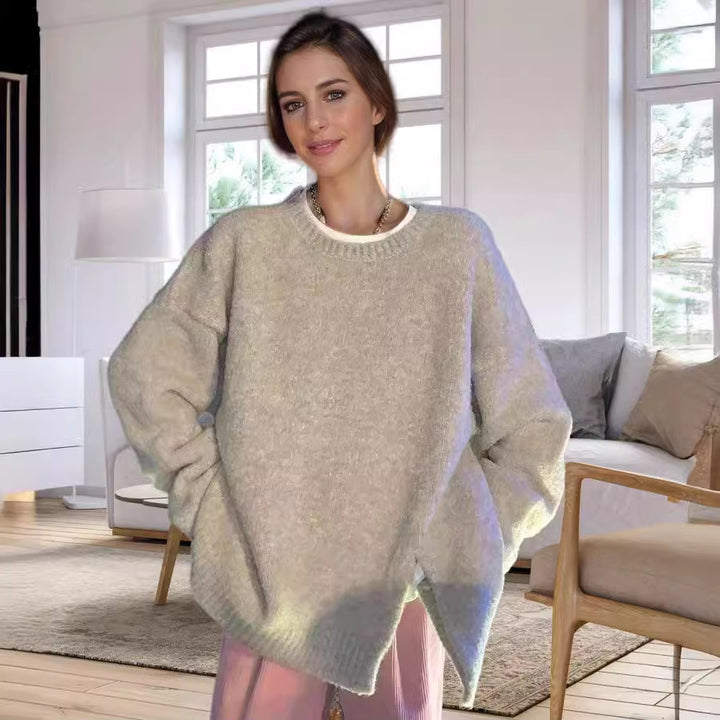 Damen Oversized Strickpullover mit elegantem V-Ausschnitt und seitlichen Schlitzen Drune