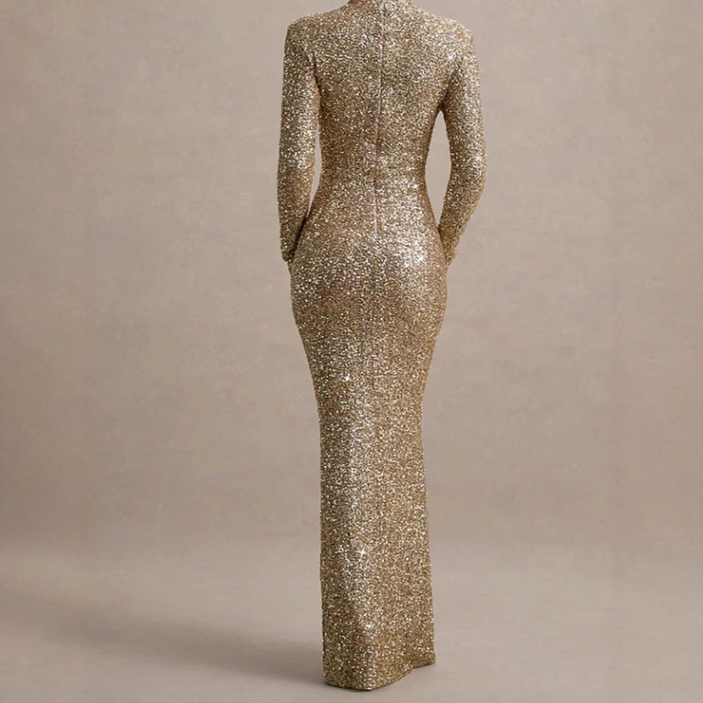 Damen Glitzerndes Abendkleid mit hohem Kragen und figurbetontem Schnitt Drune