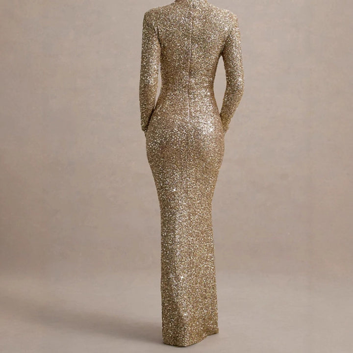 Damen Glitzerndes Abendkleid mit hohem Kragen und figurbetontem Schnitt Drune