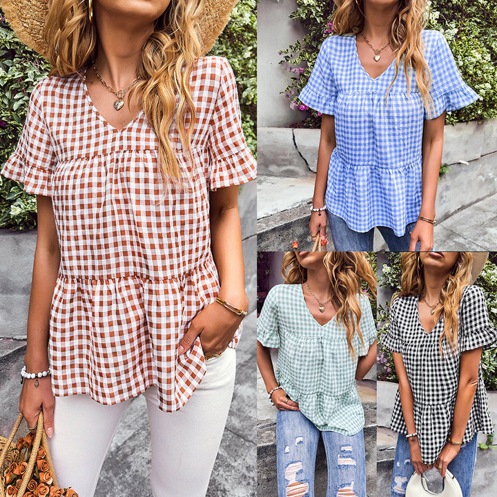 Damen Bluse mit V-Ausschnitt und Rüschenärmeln Drune