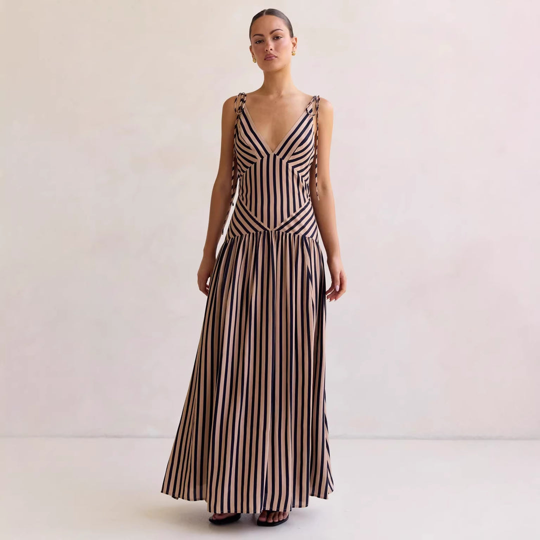 Damen Maxikleid mit tiefem V-Ausschnitt und elegantem Streifendesign Drune