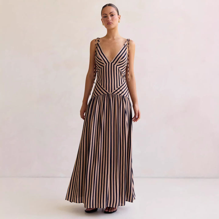 Damen Maxikleid mit tiefem V-Ausschnitt und elegantem Streifendesign Drune