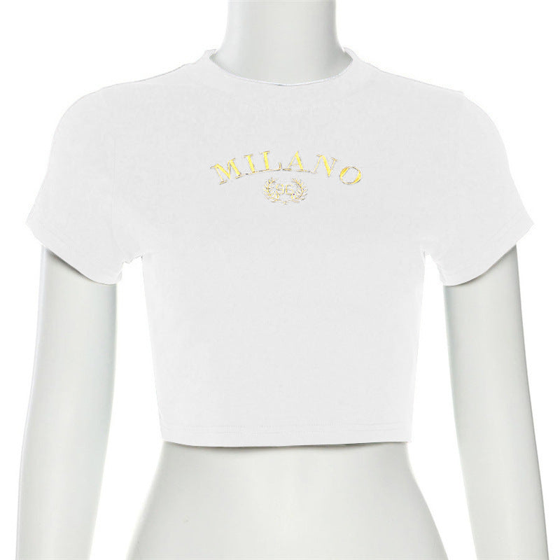 Damen cropped T-Shirt mit gesticktem Schriftzug und rundem Ausschnitt Drune