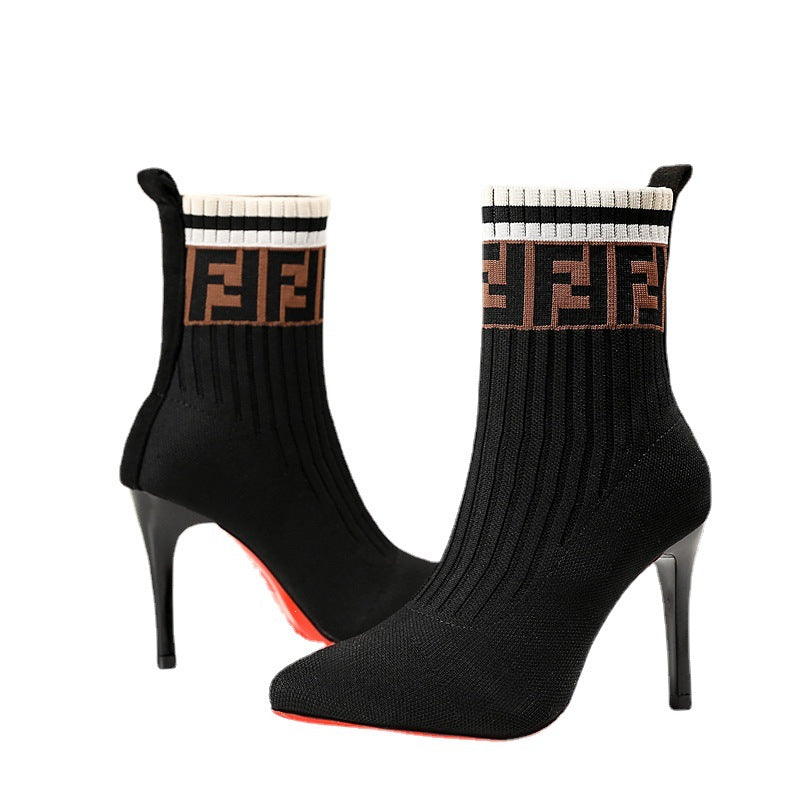 Damen nan elegante Strick-Socken-Stiefelette mit schmalem Stilettoabsatz und elastischem Schaft Drune