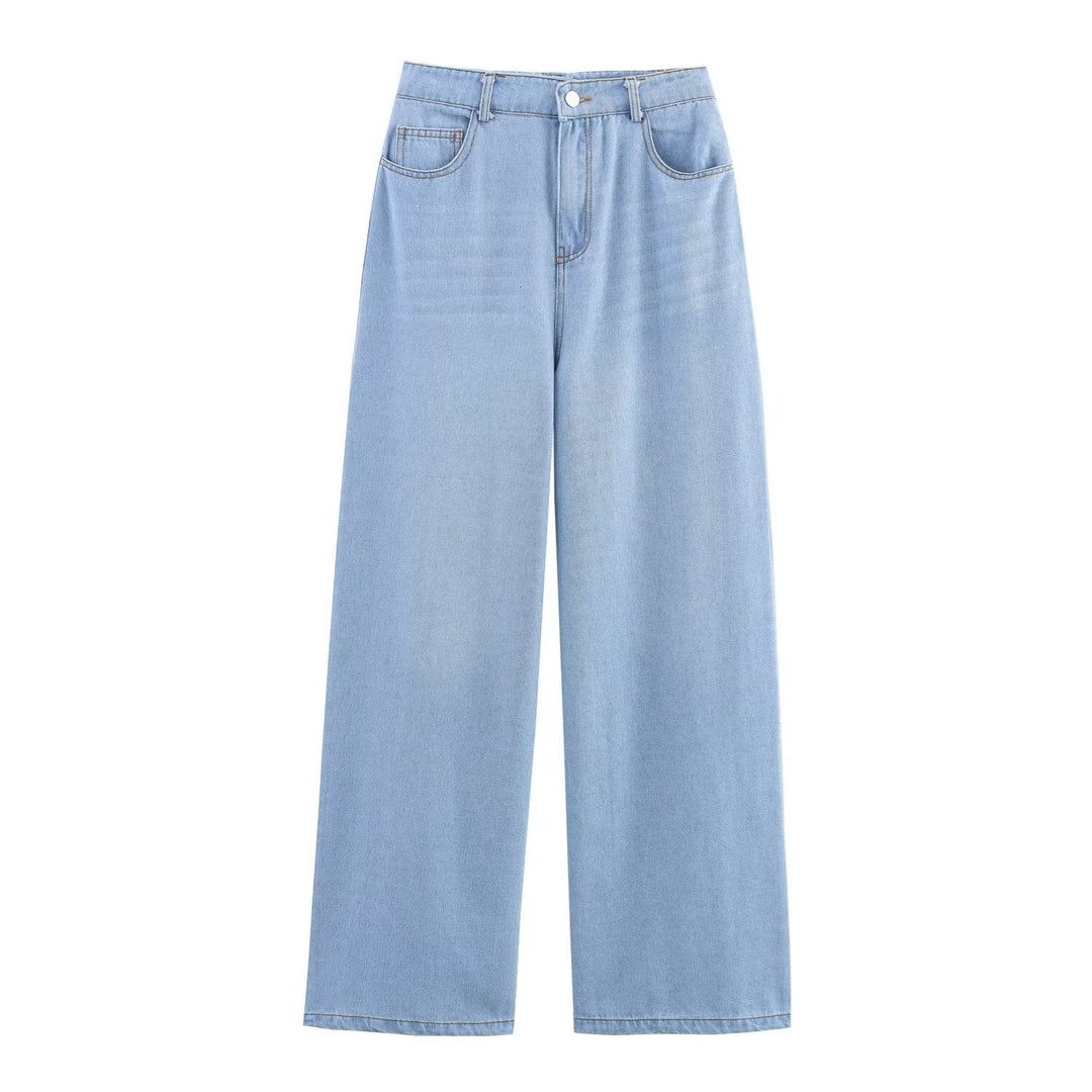 Damen luftige und strukturierte Bluse mit Balloonärmeln und weiten Jeans Drune