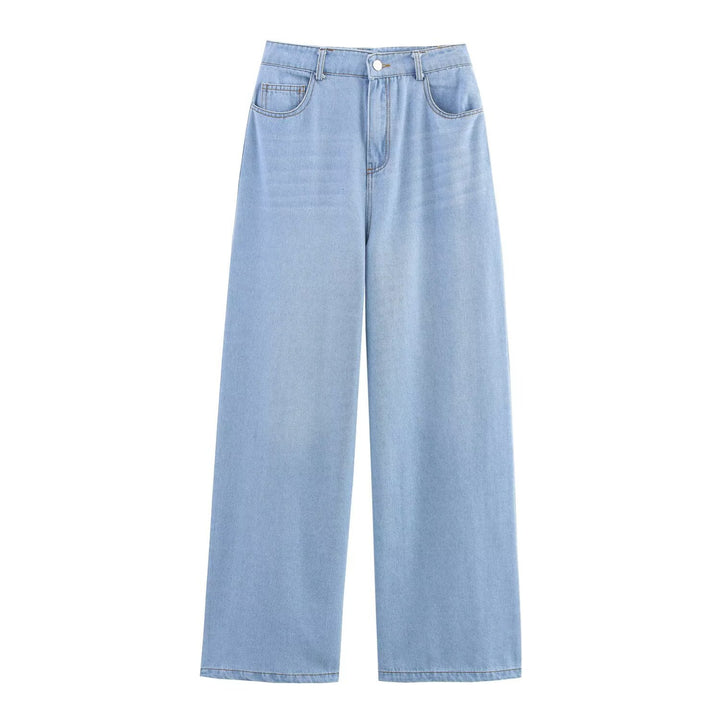 Damen luftige und strukturierte Bluse mit Balloonärmeln und weiten Jeans Drune