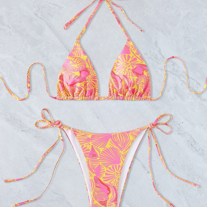 Damen Triangel-Bikini mit lebhaftem floralem Muster und verstellbaren Bindebändern Drune