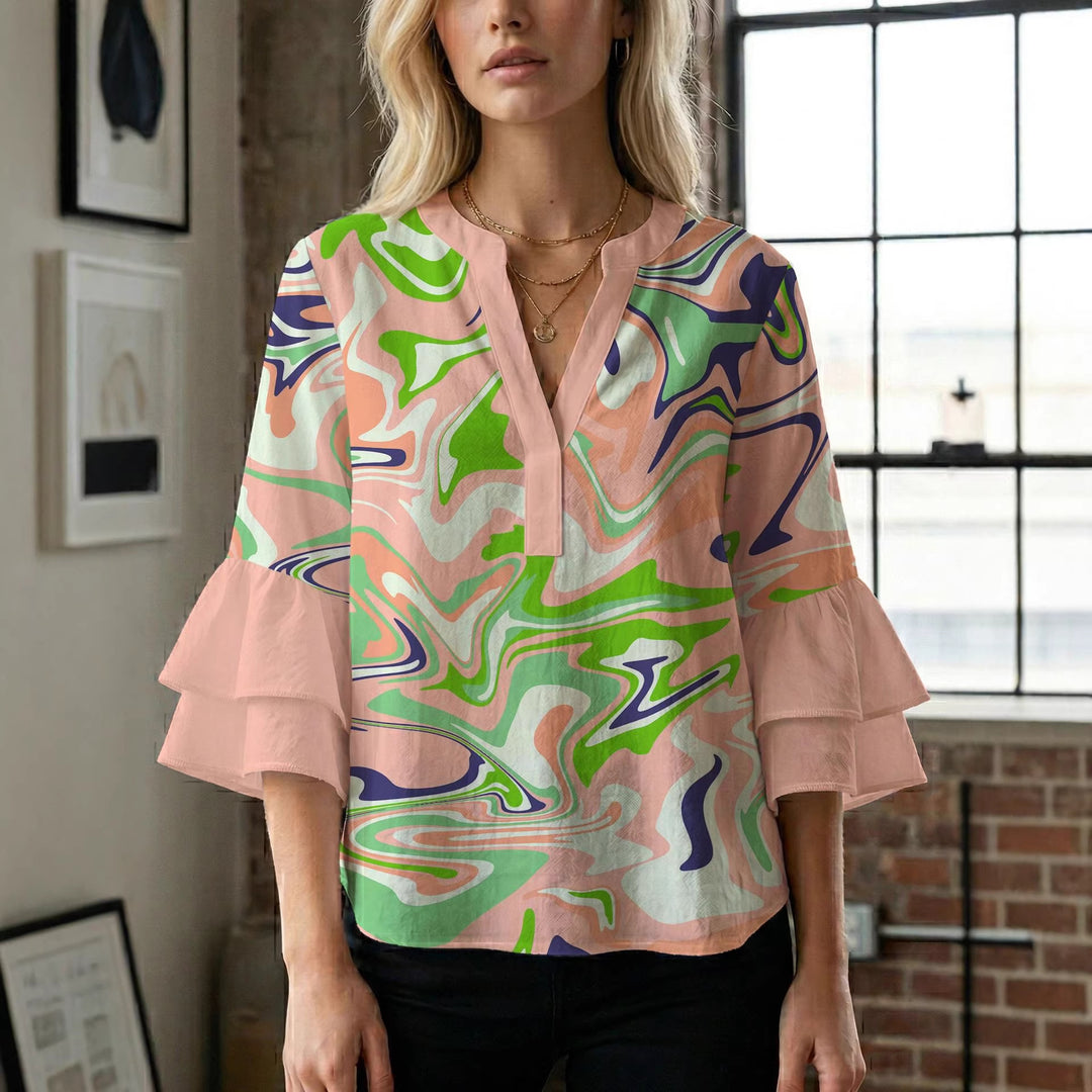 Damen Blusenshirt mit voluminösen Ärmeln und kreativem Druckdesign Drune