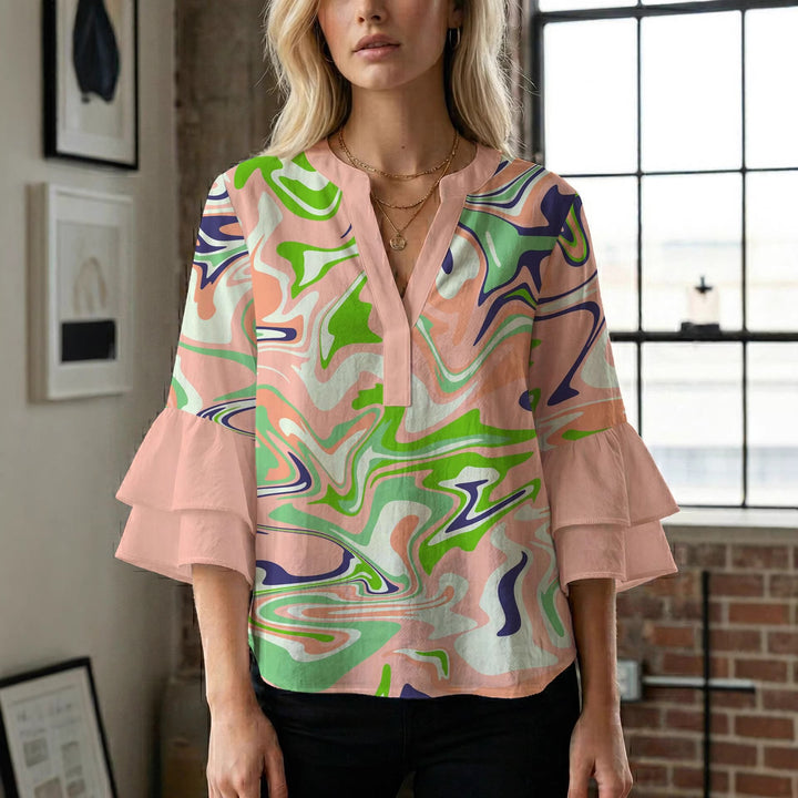 Damen Blusenshirt mit voluminösen Ärmeln und kreativem Druckdesign Drune