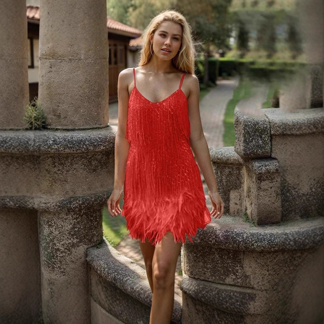 Damen Fransenminikleid mit süßem V-Ausschnitt und verführerischem Design Drune