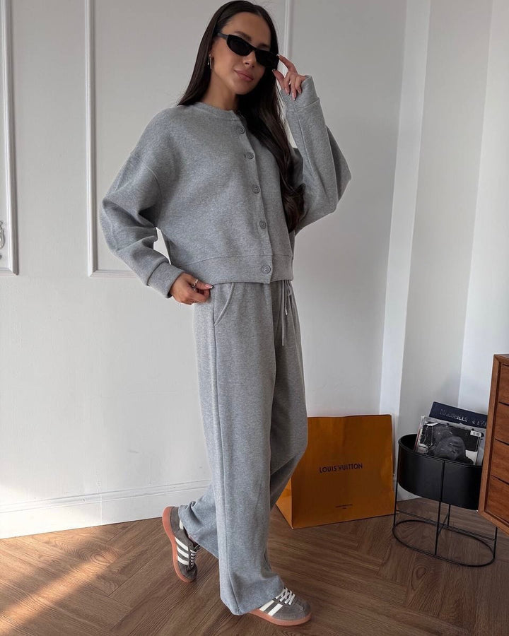 Damen lässiges Sweat-Set mit Knöpfen und weiten Hosen Drune
