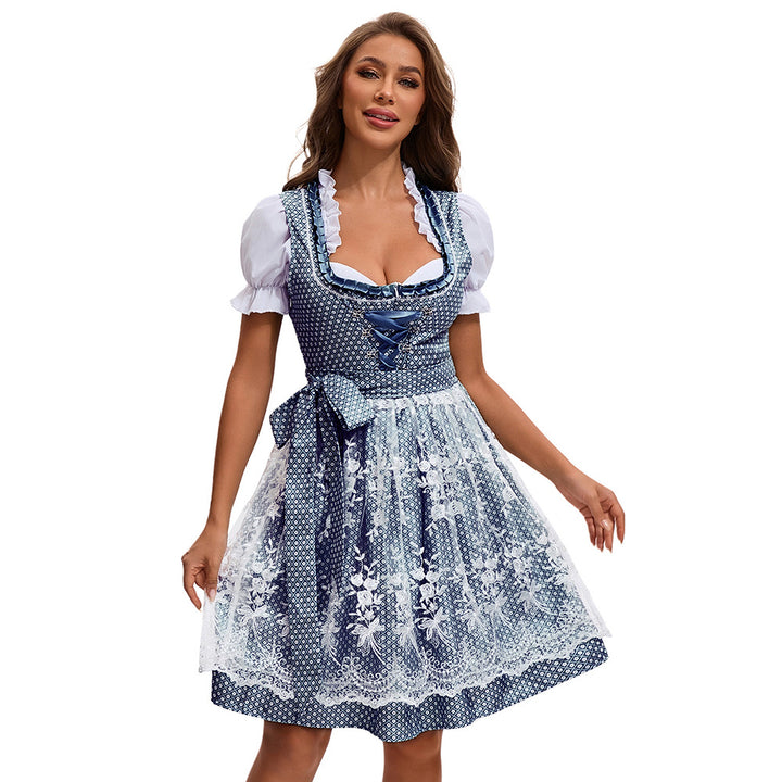 Damen nan kurzes Landhaus-Dirndl mit bestickter Tüllschürze, gerafftem Mieder und Puffärmeln Drune
