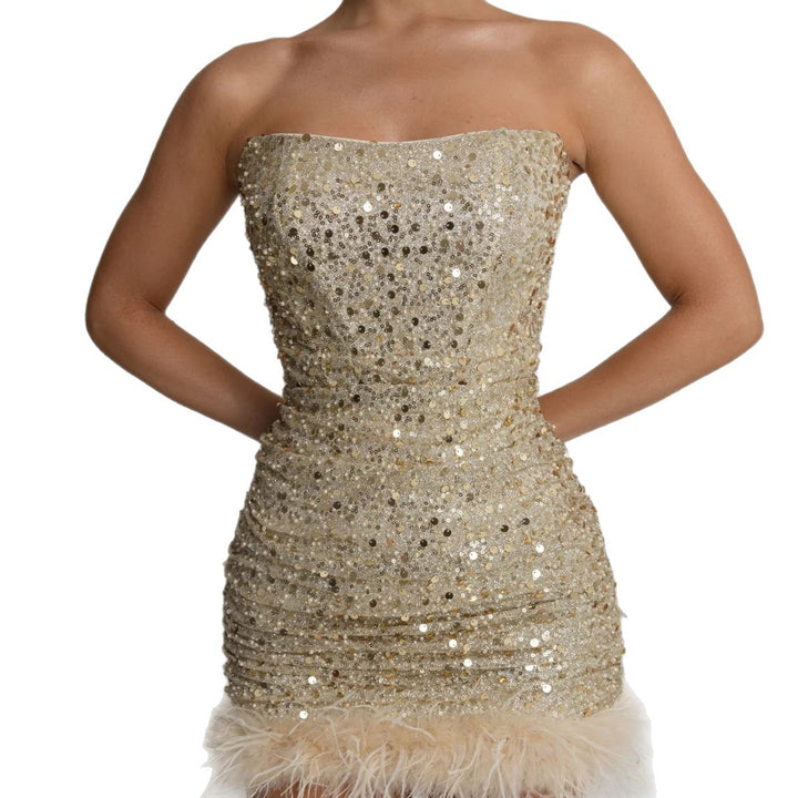 Damen Glamouröses Cocktailkleid mit Pailletten und Federkragen Drune