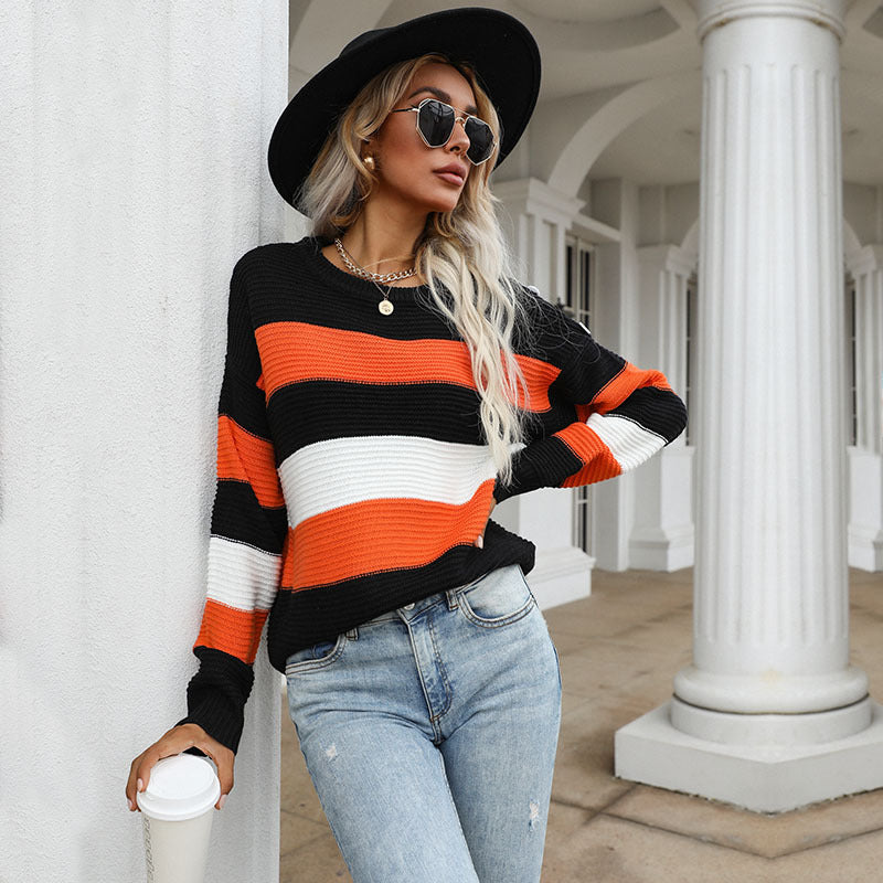 Damen gestreifter Strickpullover mit voluminösen Ärmeln und weitem Schnitt Drune