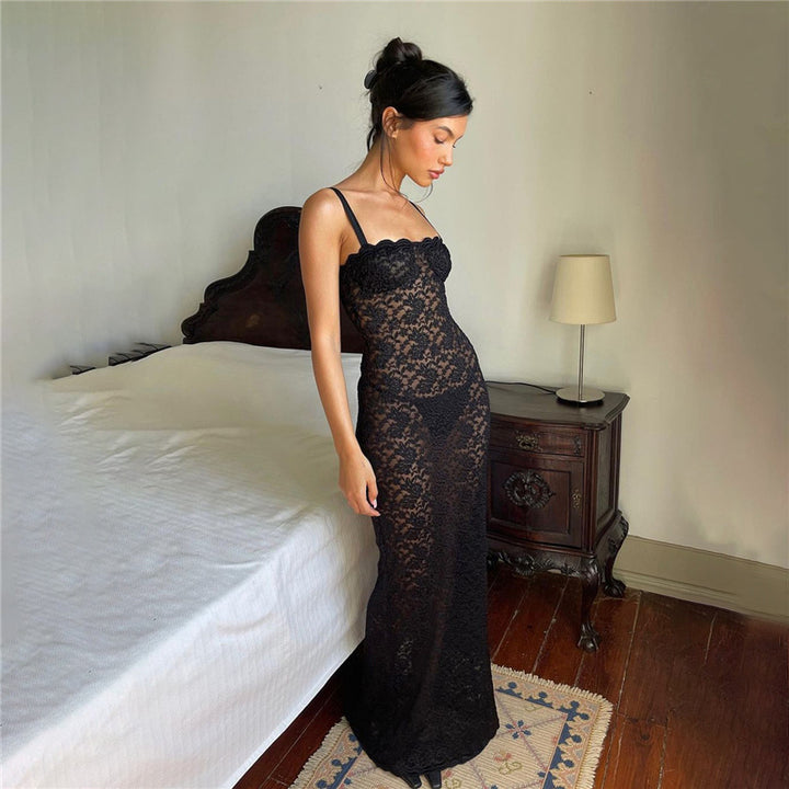Damen Spitzenkleid mit verführerischem Schlitz und Spaghettiträgern Drune