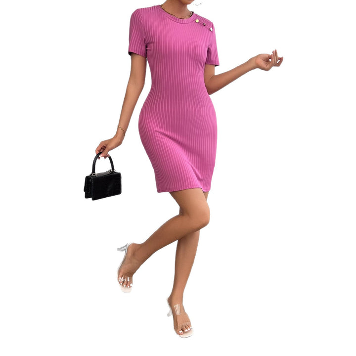Damen Kurzarm Kleid mit strukturiertem Design und dekorativen Knöpfen Drune