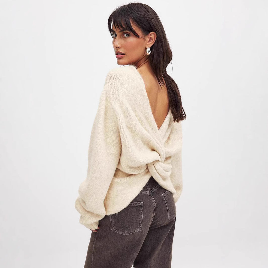 Damen modischer Pullover mit raffinierter Rückenschnürung Drune