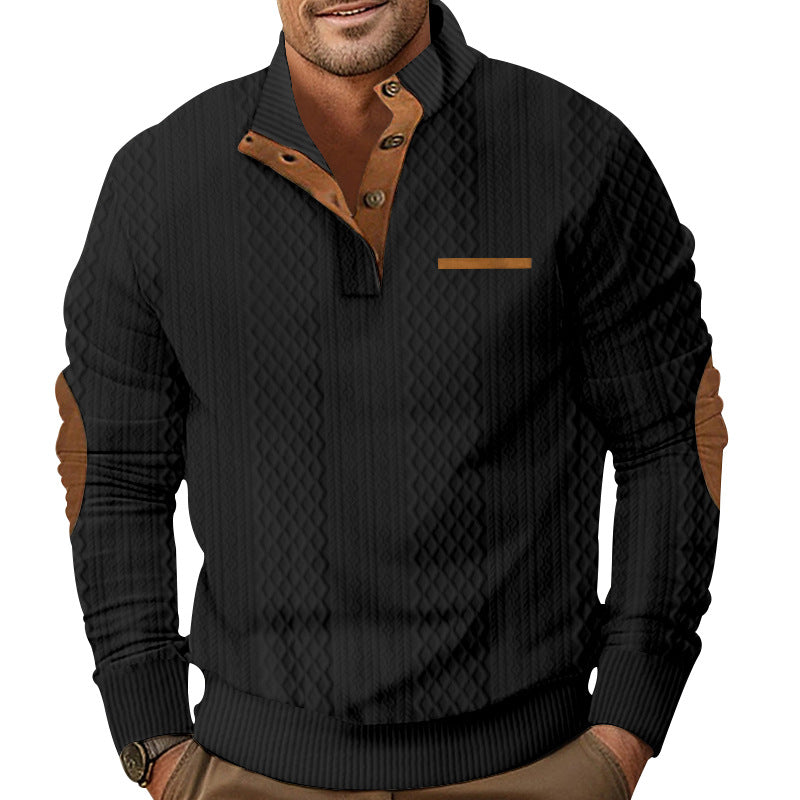 Herren nan strukturierter Strickpullover mit Stehkragen, Knopfleiste und Ellenbogenpatches Drune