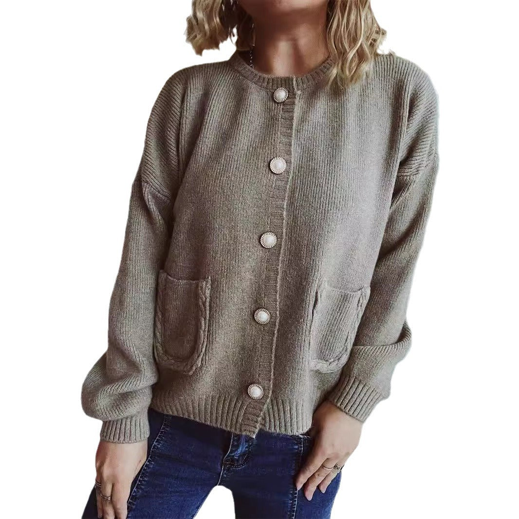 Damen gemütliche Strickjacke mit Perlenknöpfen und Taschen Drune