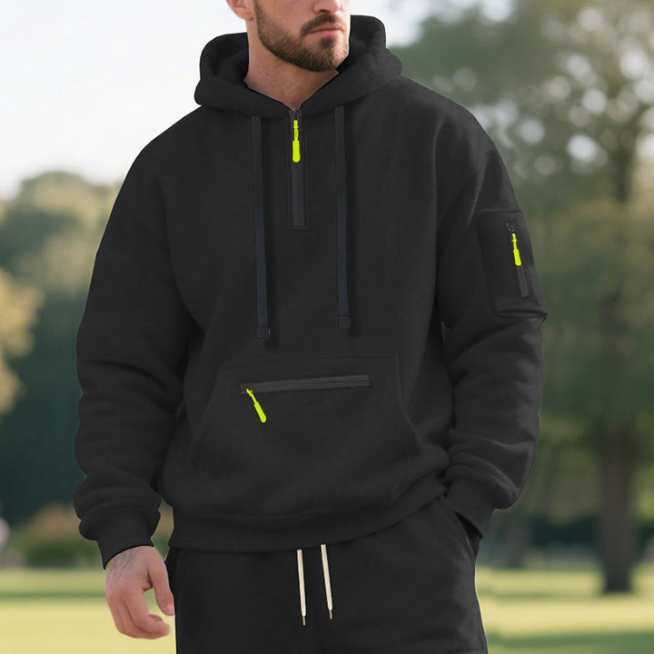 Herren nan funktionaler Kapuzenpullover mit kurzem Frontreißverschluss, wasserabweisenden Zippern und Utility-Ärmeltasche Drune