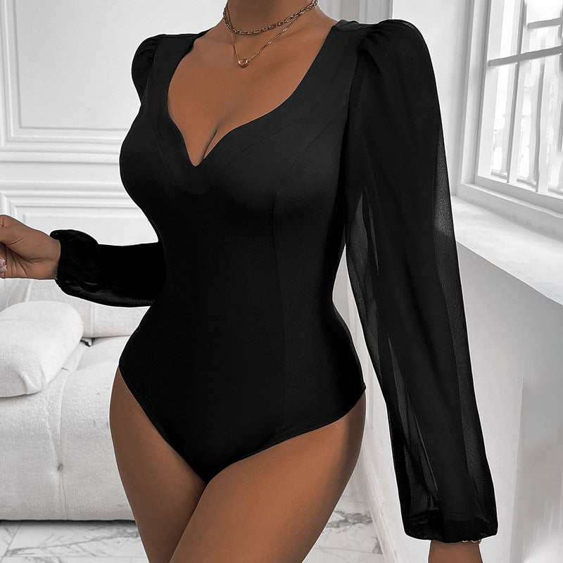 Damen Body mit eleganten Puffärmeln und tiefem V-Ausschnitt Drune