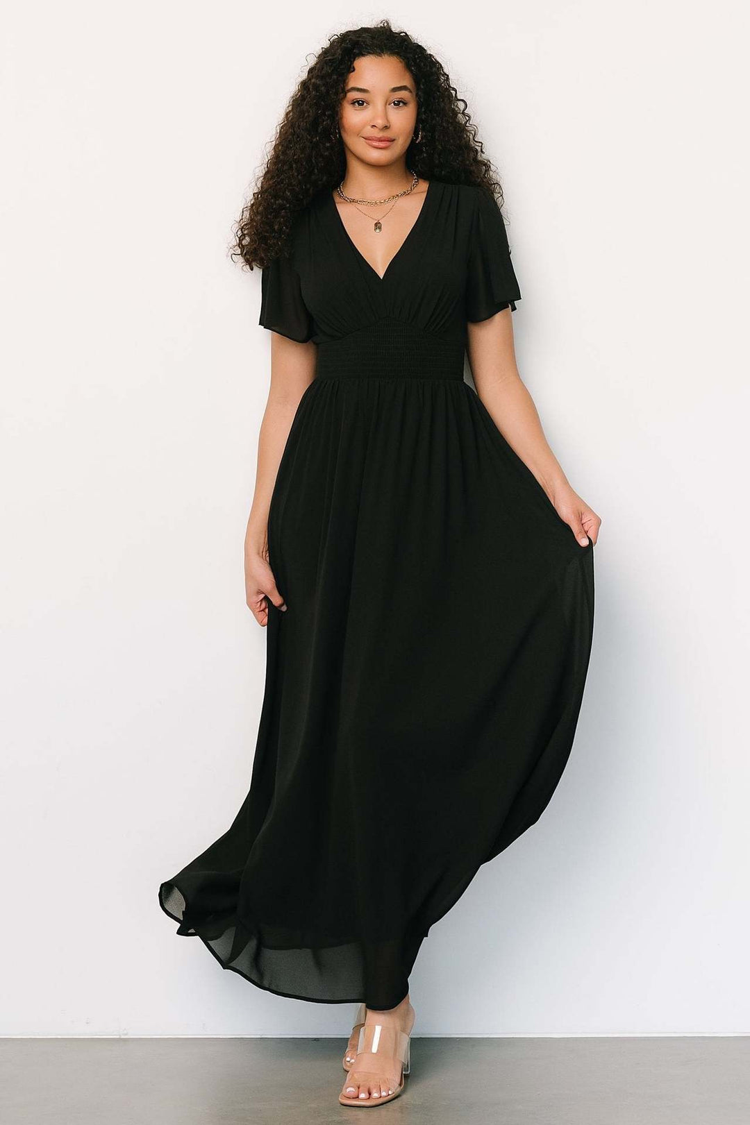 Damen elegantes Maxikleid mit V-Ausschnitt und elastischem Taillenbund Drune