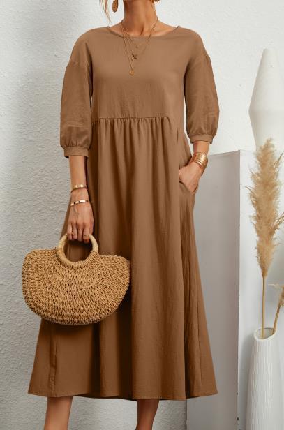 Damen Maxikleid mit eleganter Taillierung und voluminösen Ärmeln Drune