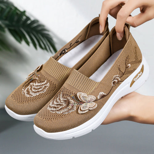 Damen nan gestrickter Slip-On Slipper mit 3D-Blumenstickerei und ergonomischer Komfort-Zwischensohle Drune
