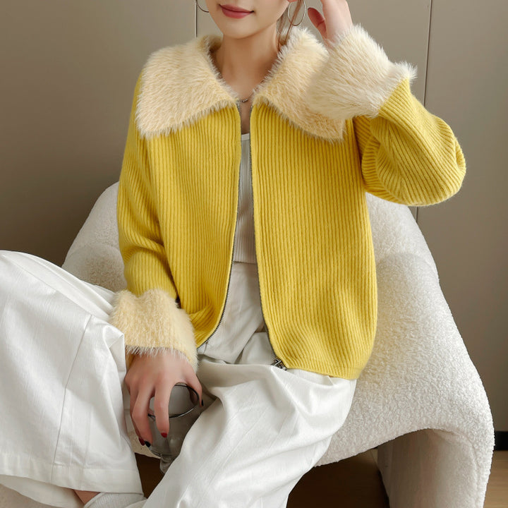 Damen Strickjacke mit luxuriösem Kunstfellkragen und Rippstruktur Drune