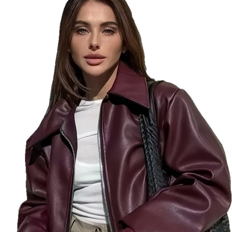Damen Kunstlederjacke mit Stehkragen und voluminösen Ärmeln Drune
