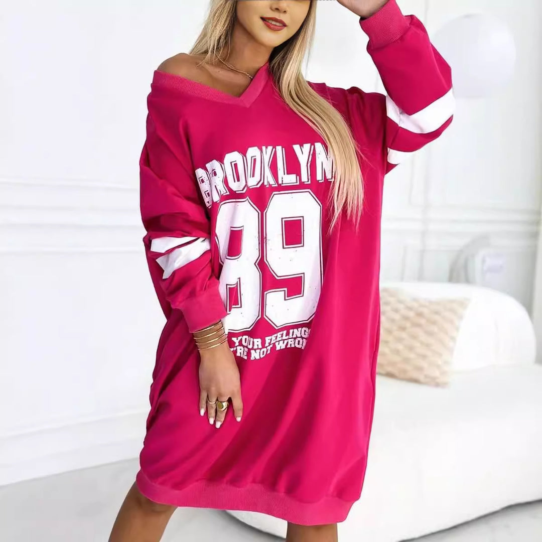 Damen Oversized Freizeitkleid im Sport-Look mit V-Ausschnitt Drune