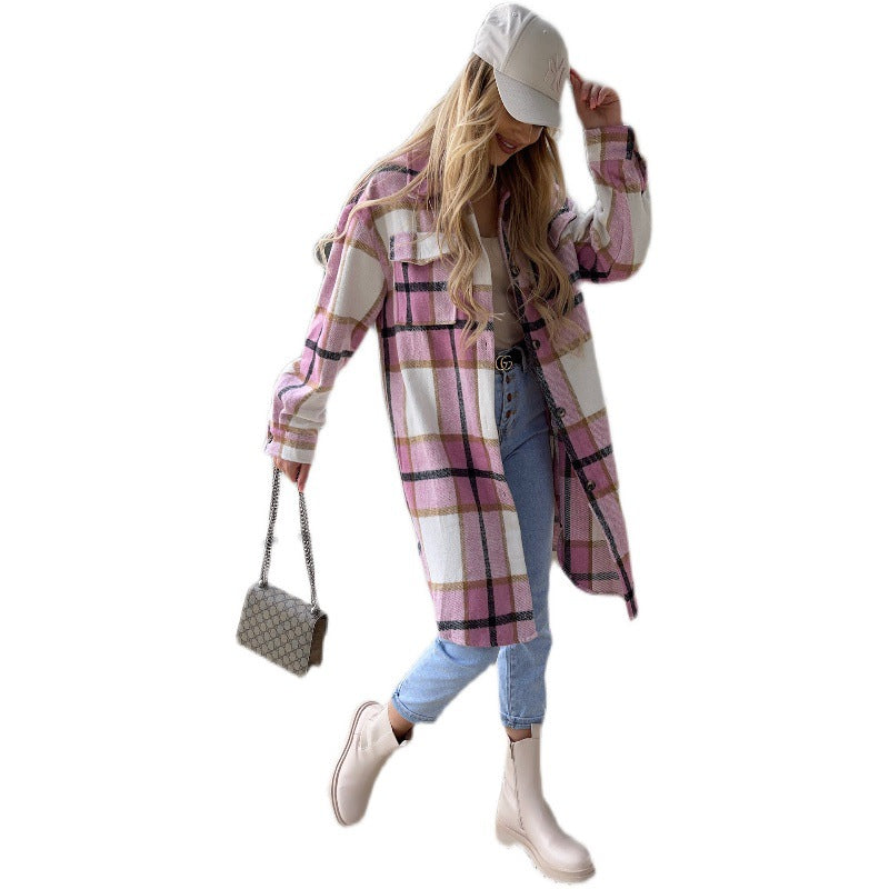 Damen Karierte Langjacke aus hochwertigem Stoff mit Knopfleiste Drune