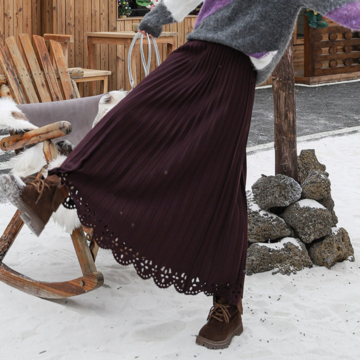 Damen nan plissierter Midirock mit feinem Plissee, elastischem Taillenbund und floraler Lasercut-Saum Drune