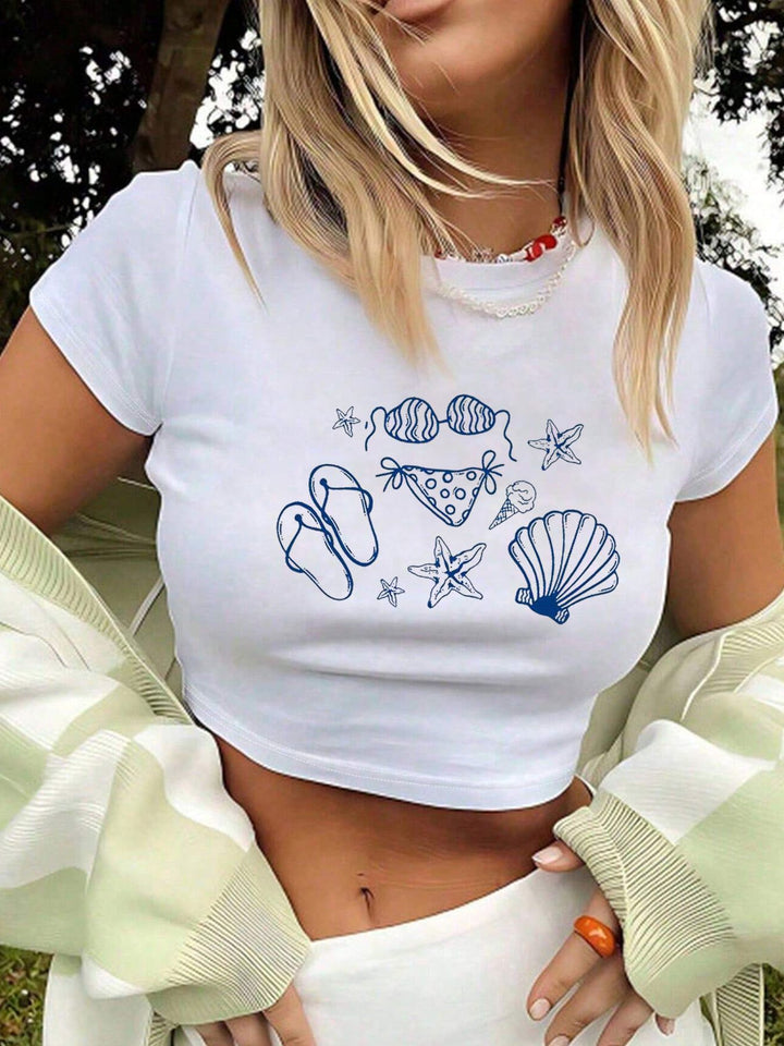 Damen Crop-T-Shirt mit künstlerischem Lippenmotiv und kreativem Druck Drune