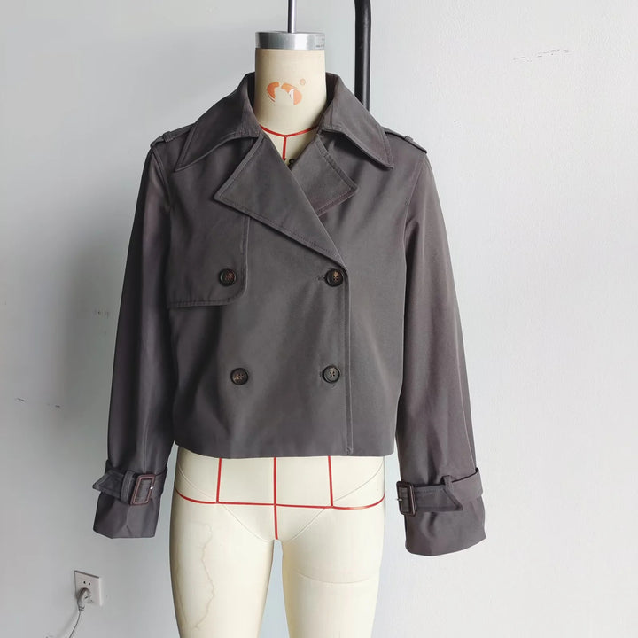Damen cropped Trenchcoat mit doppelter Knopfleiste und verstellbaren Ärmeln Drune