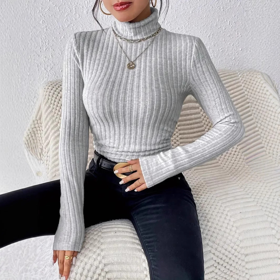 Damen Rippstrick-Turtleneck-Oberteil mit langen Ärmeln Drune