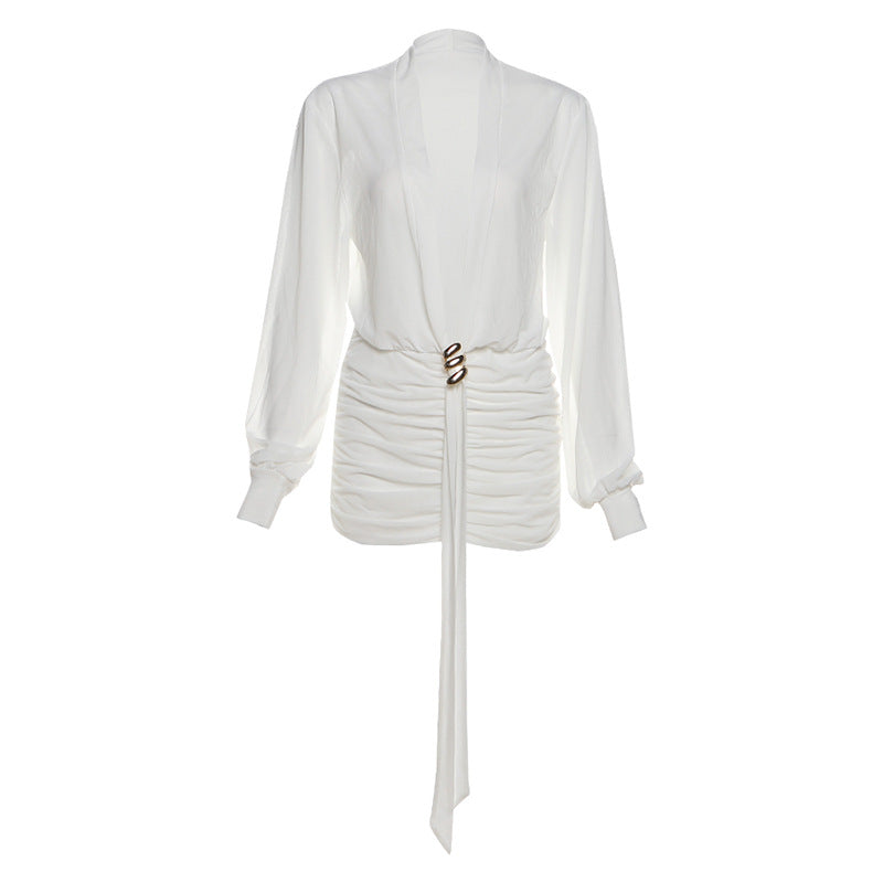 Damen Wickelbluse mit eleganter Raffung und buntem Broschenverschluss Drune