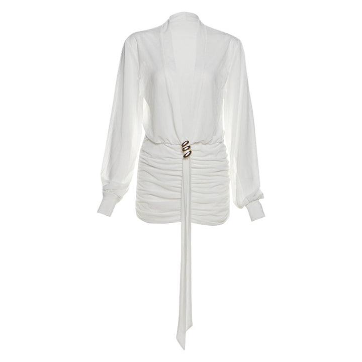 Damen Wickelbluse mit eleganter Raffung und buntem Broschenverschluss Drune