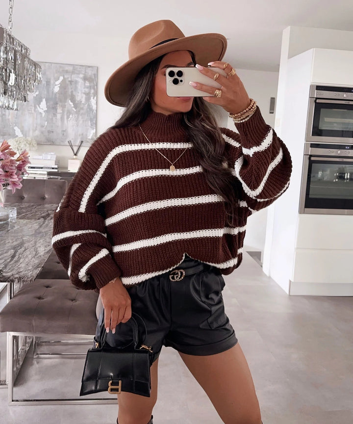 Damen lockerer Strickpullover mit modischem Streifenmuster und hohem Kragen Drune