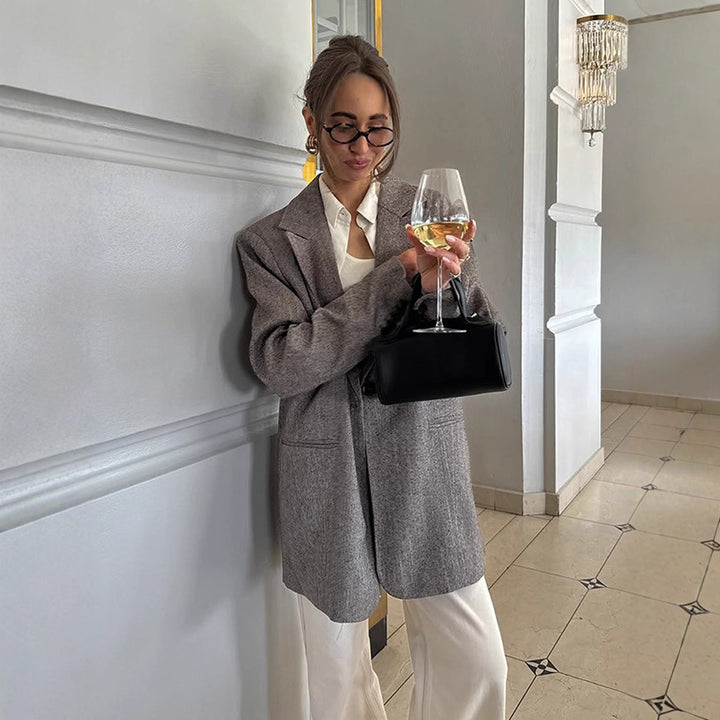 Damen Oversized Blazerjacke mit edlem Karomuster und praktischen Taschen Drune