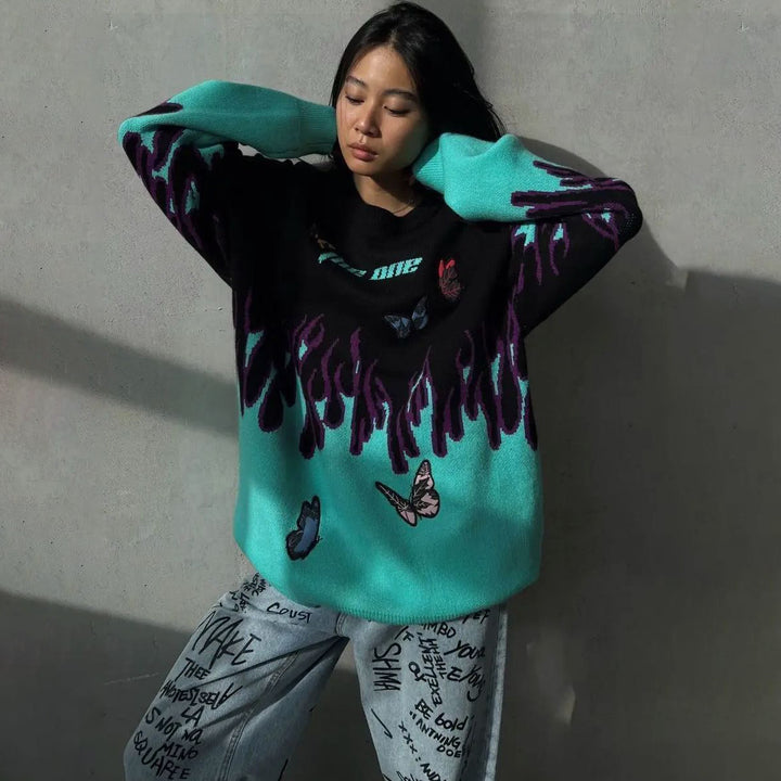 Damen Grobstrickpullover mit einzigartigem Flammen- und Schmetterlingsdesign Drune