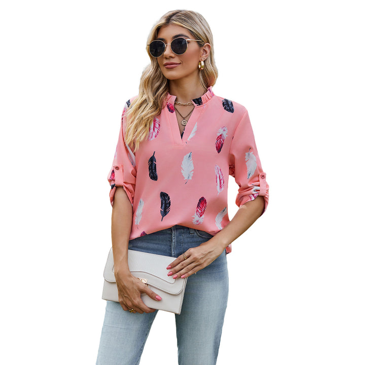 Damen Bluse mit eleganten Federmuster und halben Ärmeln Drune