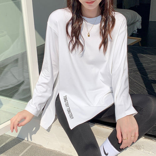 Damen lässiges Langarmshirt mit asymmetrischem Schnitt und modernen Schriftzug Drune