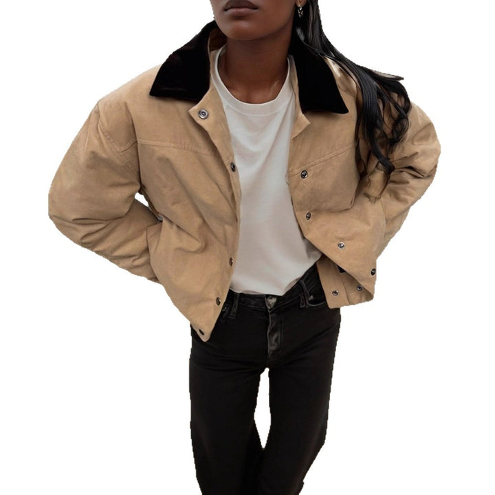 Damen modische Oversized-Jacke mit Samtkragen und Druckknopfverschluss Drune