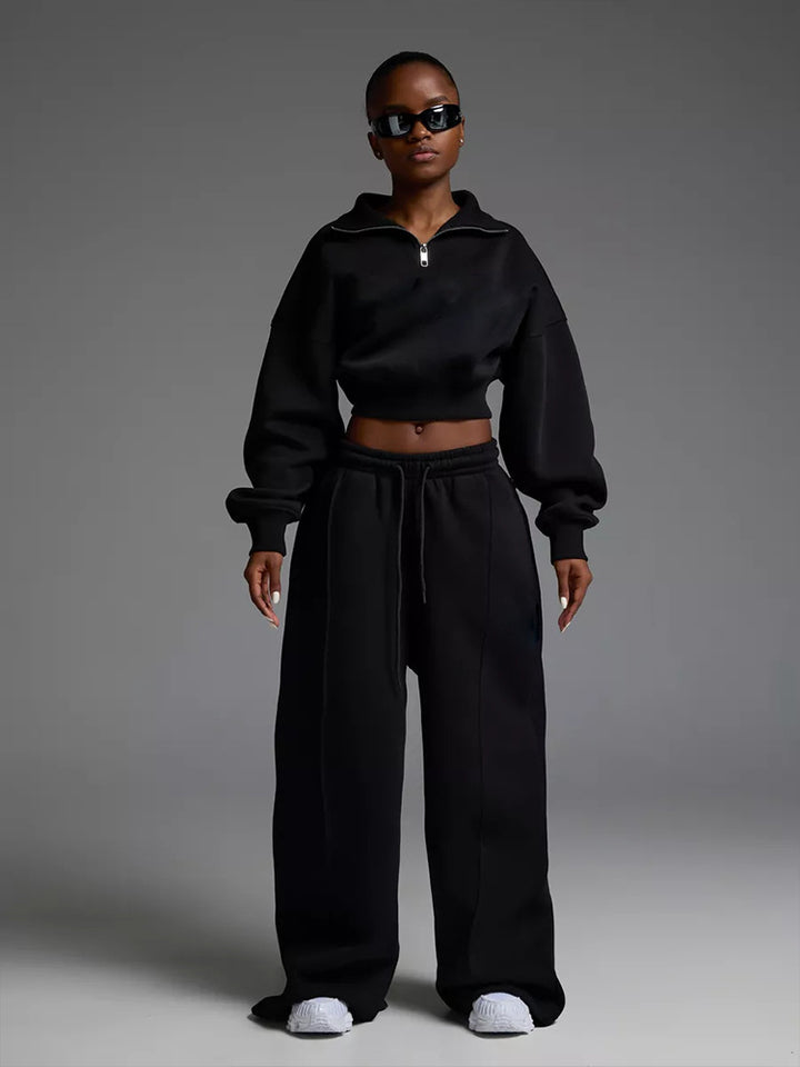 Damen nan kurzes Half-Zip Sweatshirt-Set mit hochtaillierter weiter Lounge-Jogginghose Drune