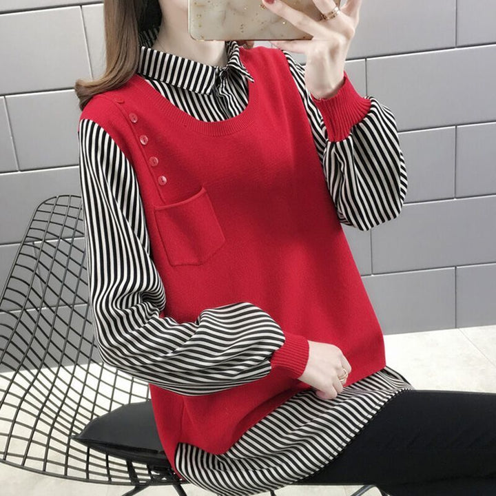 Damen Layered Pullover mit gestreiftem Hemdbluseneinsatz Drune