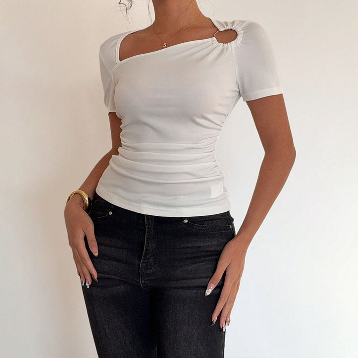 Damen modisches Kurzarmshirt mit asymmetrischem Ausschnitt und Raffung Drune