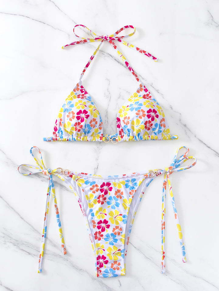 Damen Triangel-Bikini mit raffinierten Bindebändern und farbenfrohem Blumenmuster Drune