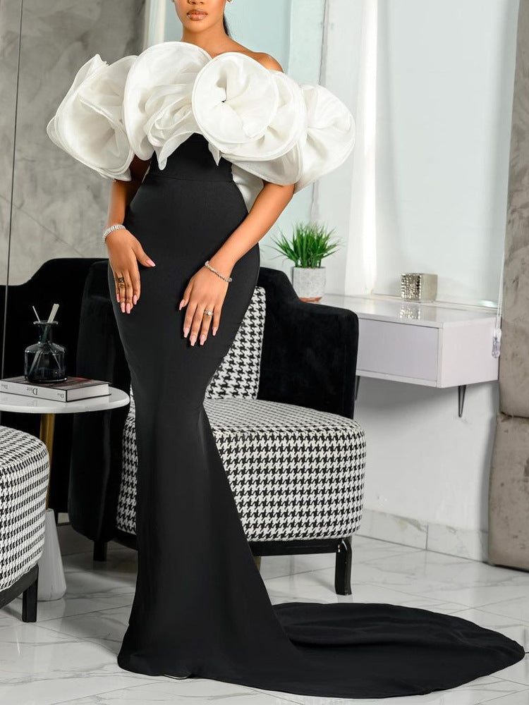 Drune | Puffwhite Flower Dress With Figure-Hugging Black Maxi Dress And Train